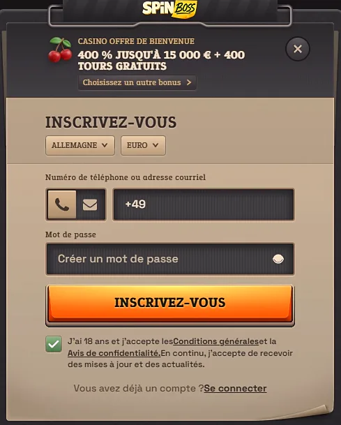 Formulaire d’inscription SpinBoss Casino